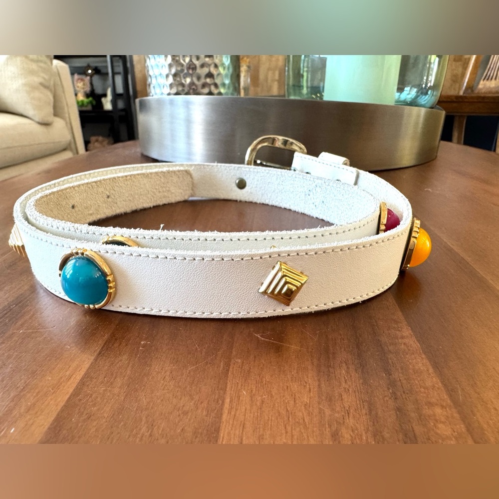 Vintage White Leather Belt with Colorful Accents - Picture 10 of 13